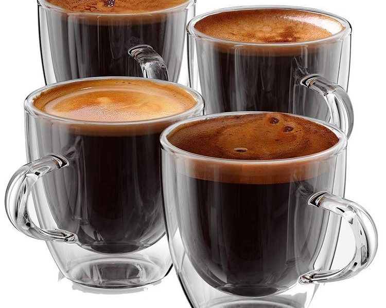 An image featuring four different types of coffee served in clear glass cups. The cups contain espresso and americano, each with its unique color, texture, and layering.