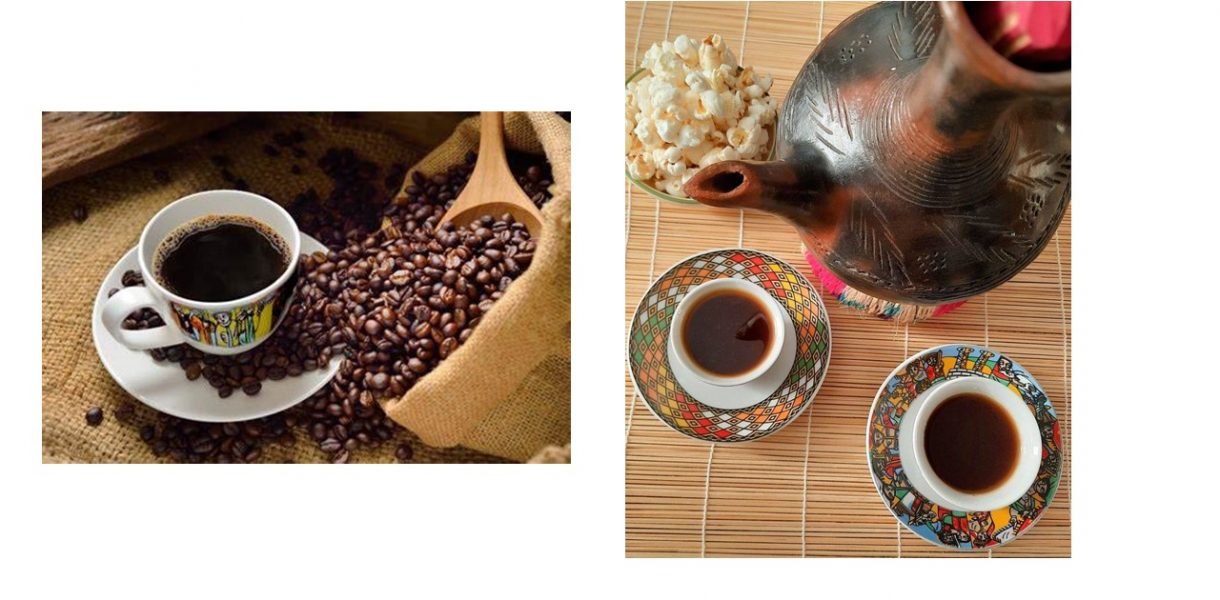 Image on the left shows coffee beans overflowing towards the bottom of the coffee cup, while the image on the right shows 2 cups of coffee and an Ethiopian coffee pot.