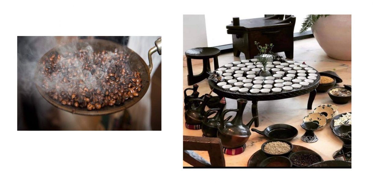image on the left shows coffee after being roasted and image on the right shows a display of an Ethiopia coffee ceremony.